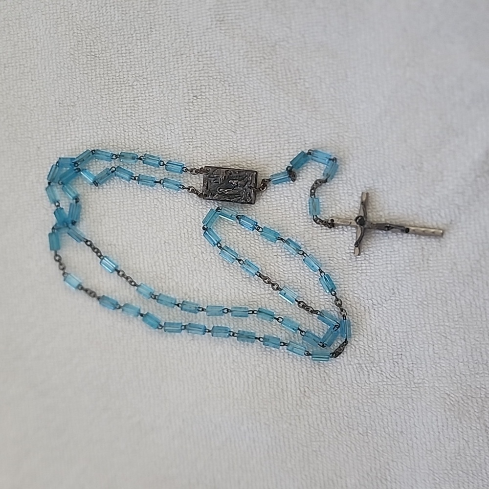 Vintage Sterling Easter Lily Aqua Blue Glass Bead Rosary